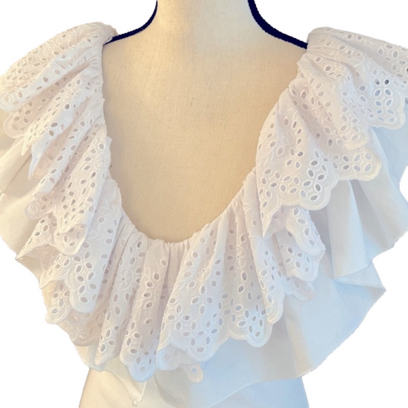 EUC Zara White Eyelet Ruffle Neck Mini Dress Size L - Picture 3 of 6